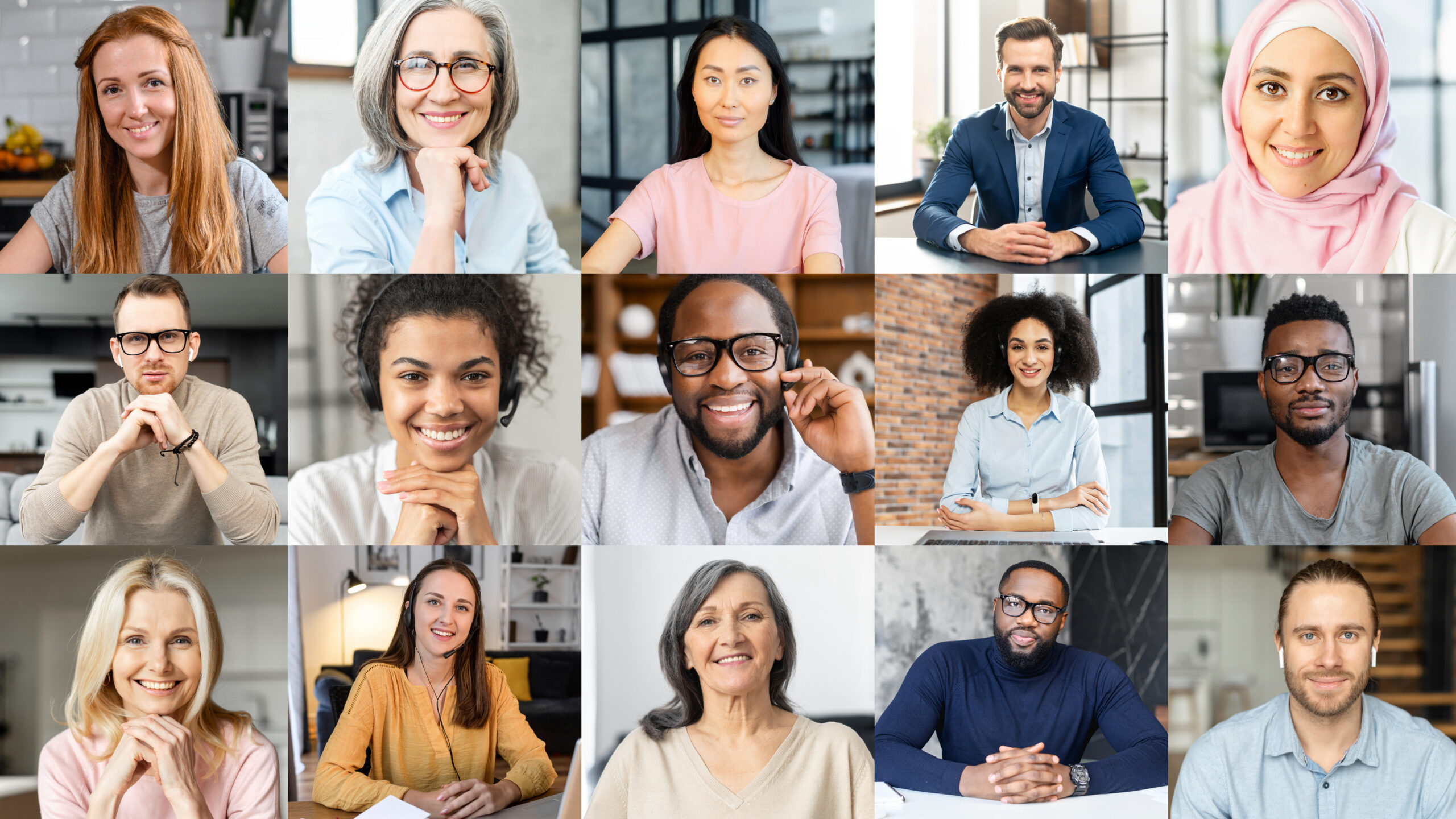 Diverse group of individuals actively participating in a video conference call, representing various ages, ethnicities, and backgrounds.